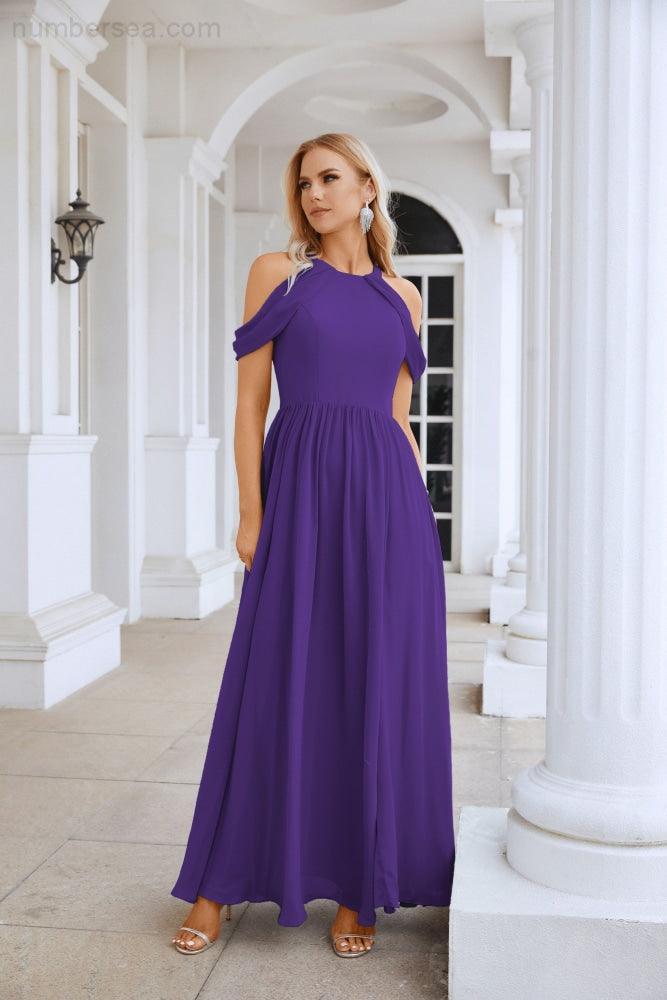 Ladies Chiffon Off Shoulder Swing Sleeve Front Slit Bridesmaid Evening Dress Wedding Party Evening Dress 28117-numbersea