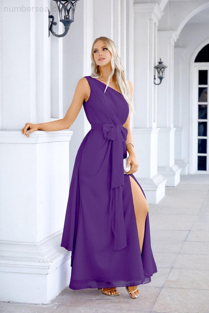 Ladies Chiffon One Shoulder Bridesmaid Evening Dress Wedding Party Evening Dress 28133-numbersea