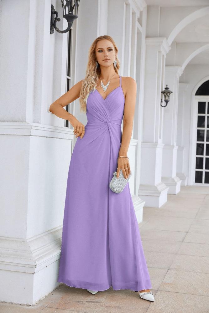 Ladies Chiffon Spaghetti Strap V Neck Front Slit Floor Length Bridesmaid Evening Dress Prom Party Wedding Evening Dress 28116-numbersea