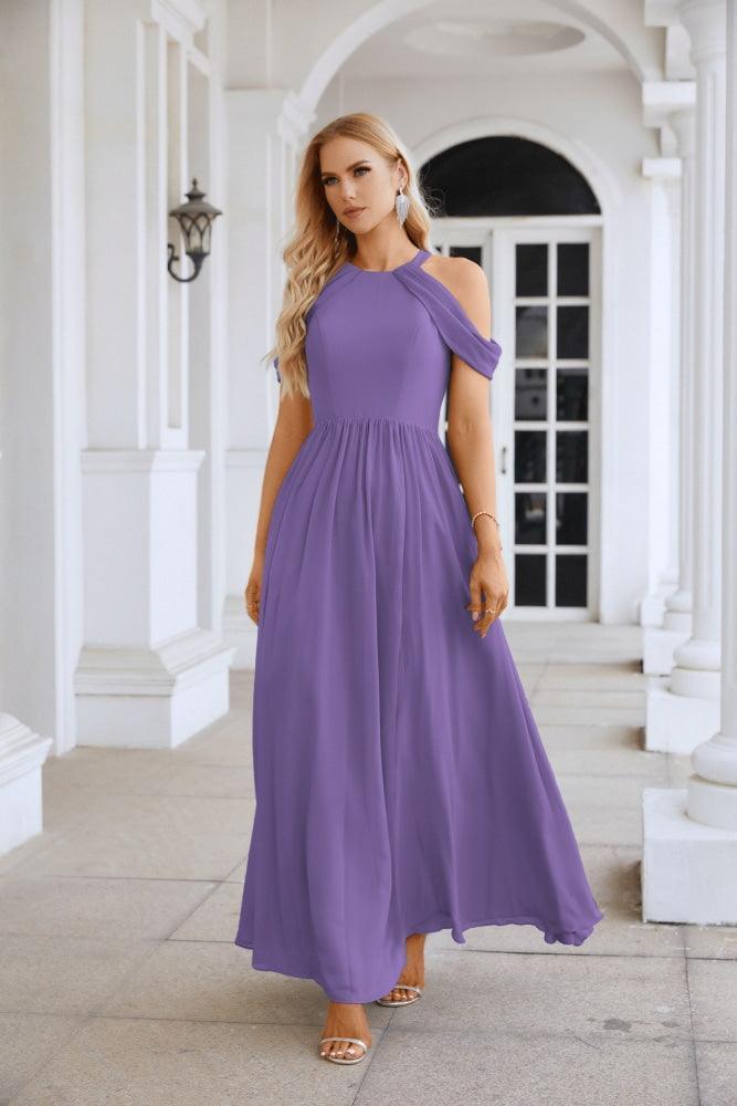 Ladies Chiffon Off Shoulder Swing Sleeve Front Slit Bridesmaid Evening Dress Wedding Party Evening Dress 28117-numbersea