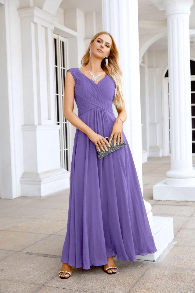 Ladies Chiffon V Neck Sleeveless Floor Length Bridesmaid Evening Dress Wedding Party Evening Dress 28126-numbersea