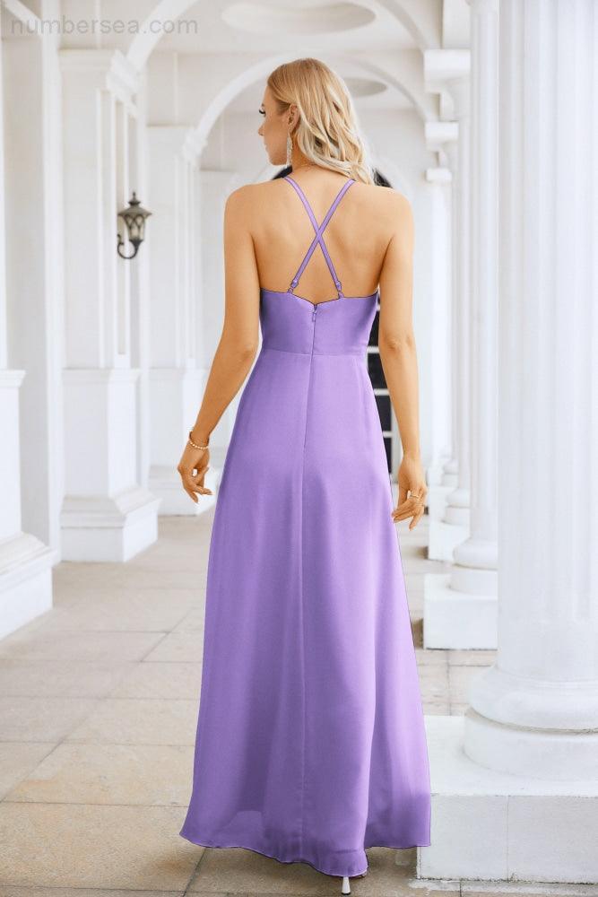 Ladies Chiffon Spaghetti Strap V Neck Front Slit Floor Length Bridesmaid Evening Dress Prom Party Wedding Evening Dress 28116-numbersea