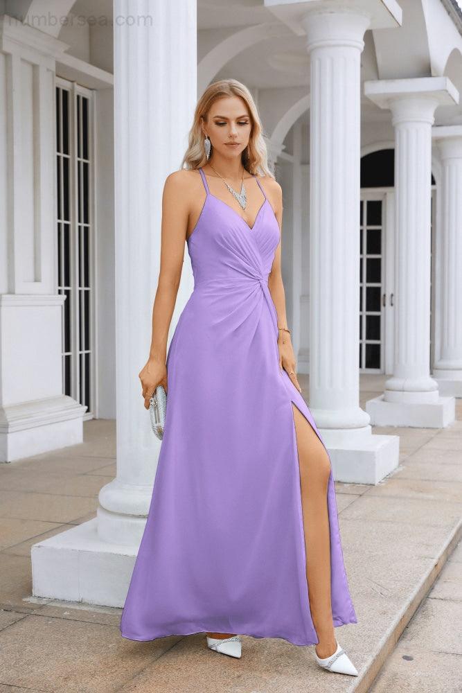 Ladies Chiffon Spaghetti Strap V Neck Front Slit Floor Length Bridesmaid Evening Dress Prom Party Wedding Evening Dress 28116-numbersea