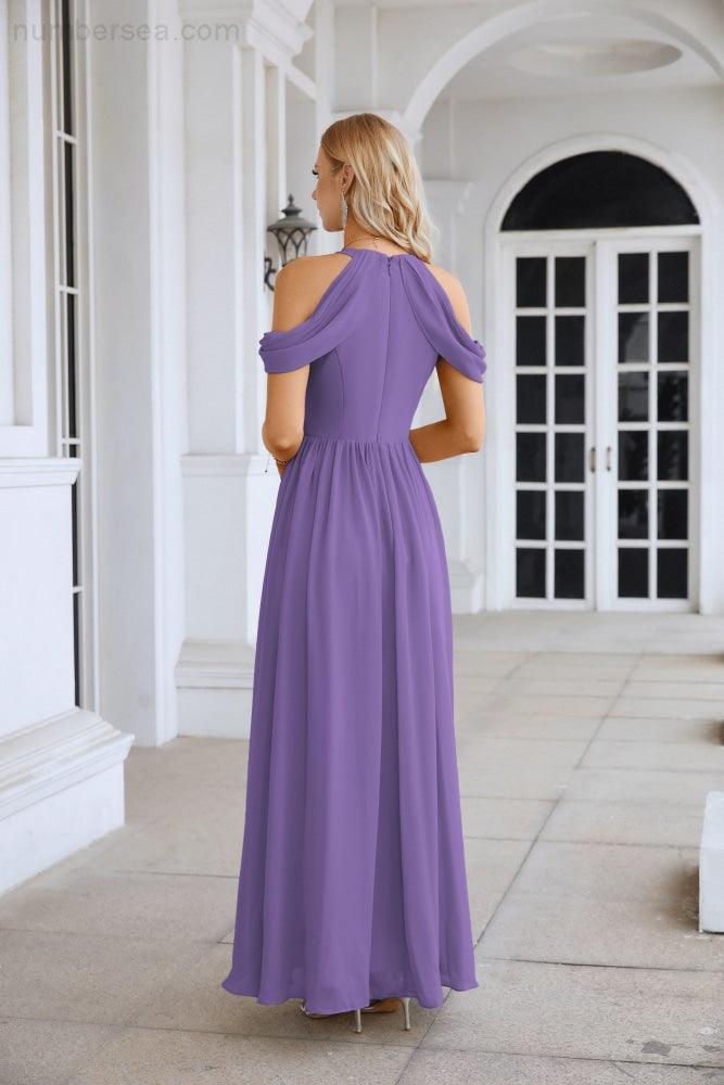 Ladies Chiffon Off Shoulder Swing Sleeve Front Slit Bridesmaid Evening Dress Wedding Party Evening Dress 28117-numbersea