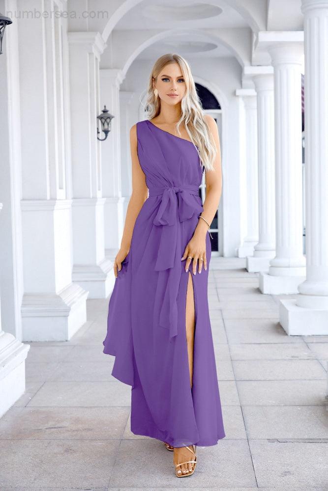 Ladies Chiffon One Shoulder Bridesmaid Evening Dress Wedding Party Evening Dress 28133-numbersea