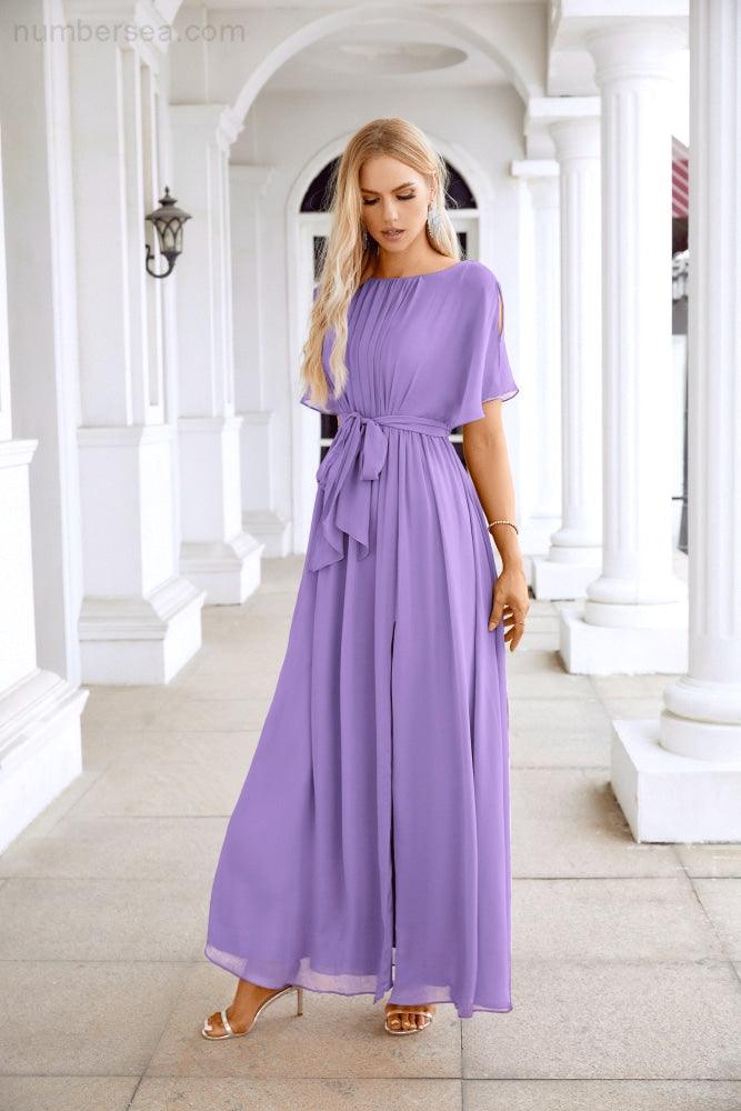 Ladies Chiffon Sleeve Crew Neck Front Slit Floor Length Bridesmaid Evening Dress Wedding Party Evening Dress 28124-numbersea