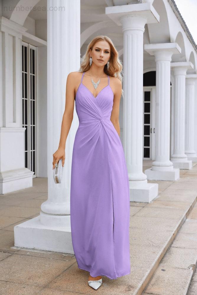 Ladies Chiffon Spaghetti Strap V Neck Front Slit Floor Length Bridesmaid Evening Dress Prom Party Wedding Evening Dress 28116-numbersea