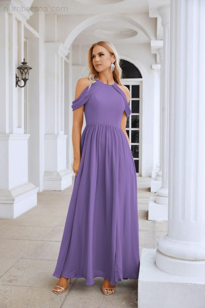 Ladies Chiffon Off Shoulder Swing Sleeve Front Slit Bridesmaid Evening Dress Wedding Party Evening Dress 28117-numbersea
