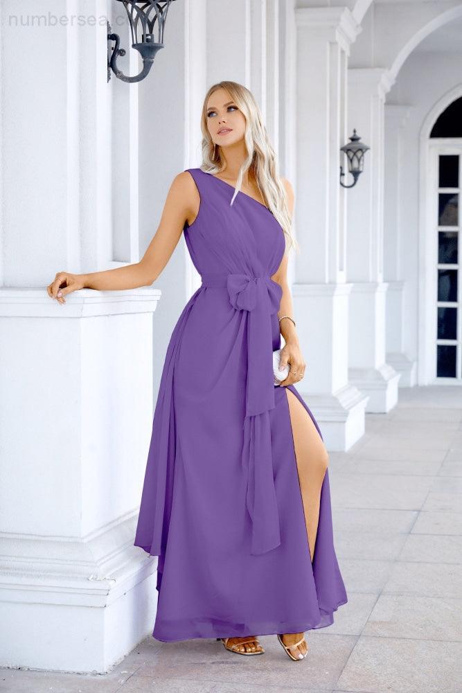Ladies Chiffon One Shoulder Bridesmaid Evening Dress Wedding Party Evening Dress 28133-numbersea