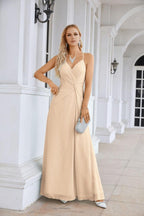 Ladies Chiffon Spaghetti Strap V Neck Front Slit Floor Length Bridesmaid Evening Dress Prom Party Wedding Evening Dress 28116-numbersea