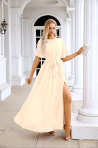 Ladies Chiffon Sleeve Crew Neck Front Slit Floor Length Bridesmaid Evening Dress Wedding Party Evening Dress 28124-numbersea