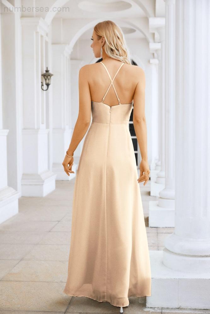 Ladies Chiffon Spaghetti Strap V Neck Front Slit Floor Length Bridesmaid Evening Dress Prom Party Wedding Evening Dress 28116-numbersea