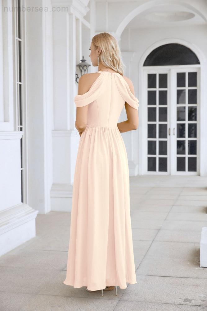 Ladies Chiffon Off Shoulder Swing Sleeve Front Slit Bridesmaid Evening Dress Wedding Party Evening Dress 28117-numbersea