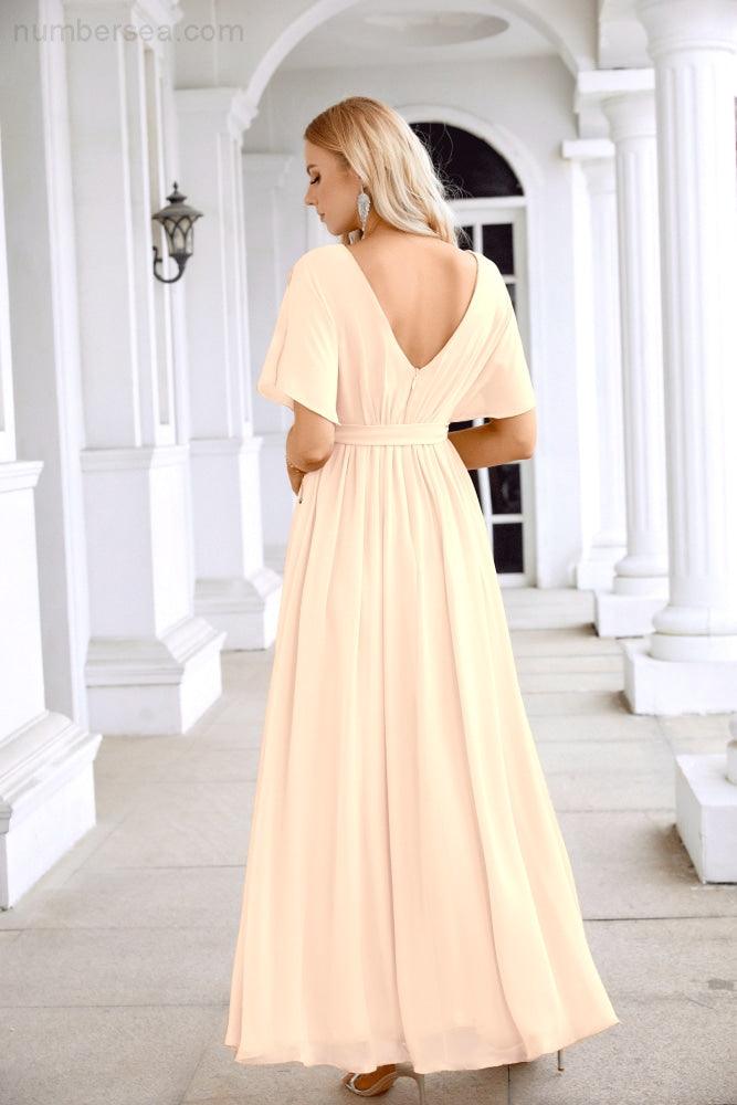 Ladies Chiffon Sleeve Crew Neck Front Slit Floor Length Bridesmaid Evening Dress Wedding Party Evening Dress 28124-numbersea