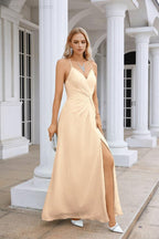 Ladies Chiffon Spaghetti Strap V Neck Front Slit Floor Length Bridesmaid Evening Dress Prom Party Wedding Evening Dress 28116-numbersea