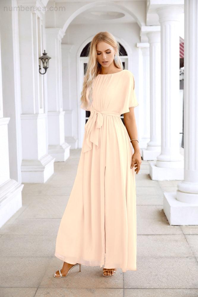 Ladies Chiffon Sleeve Crew Neck Front Slit Floor Length Bridesmaid Evening Dress Wedding Party Evening Dress 28124-numbersea