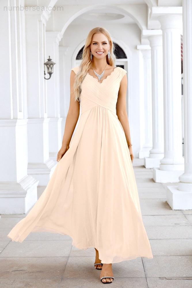 Ladies Chiffon V Neck Sleeveless Floor Length Bridesmaid Evening Dress Wedding Party Evening Dress 28126-numbersea
