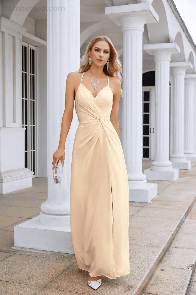 Ladies Chiffon Spaghetti Strap V Neck Front Slit Floor Length Bridesmaid Evening Dress Prom Party Wedding Evening Dress 28116-numbersea