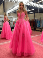 Vestido de fiesta rosa con escote en V y encaje en forma de A largo