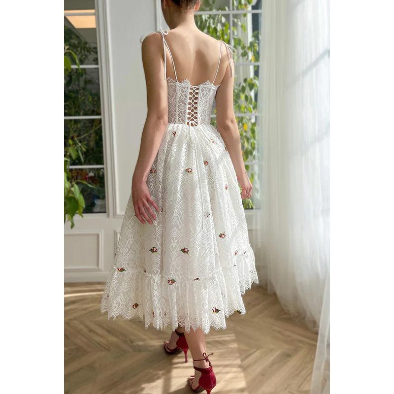 Vestido de fiesta de noche con tirantes finos, apliques de encaje transparente, corte A, largo hasta la rodilla 