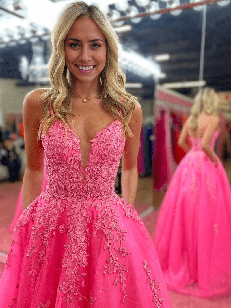 Vestido de fiesta rosa con escote en V y encaje en forma de A largo