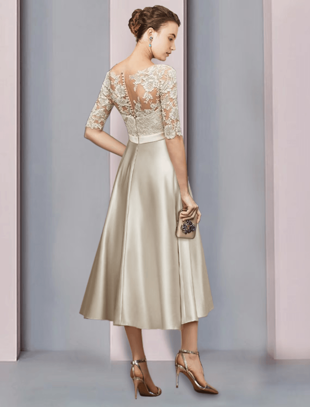 Vestido de madre de la novia con corte tubo/columna para invitados de boda, elegante, escote redondo, largo hasta la rodilla, encaje satinado, media manga con lazo(s) y pliegues.