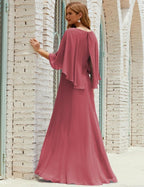 Numbersea Bridesmaid Dress Women Long Sleeve V-Neck Chiffon Formal Wedding Party 28018