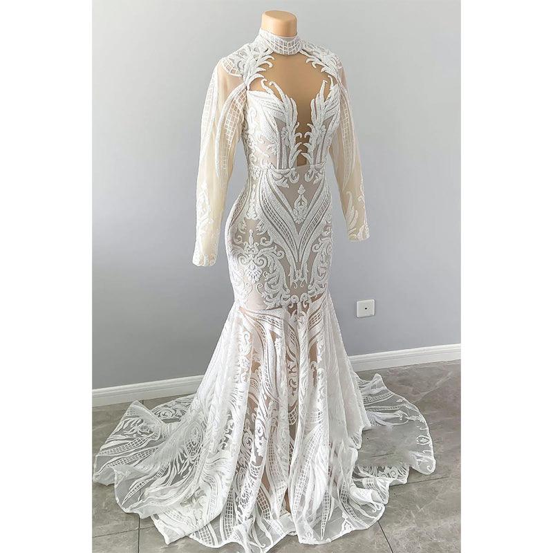 Vestido de fiesta estilo sirena americana con escote alto, apliques de lentejuelas y mangas largas 