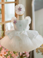Vestido de tul blanco con lentejuelas hasta la rodilla para fiesta de primer cumpleaños 
