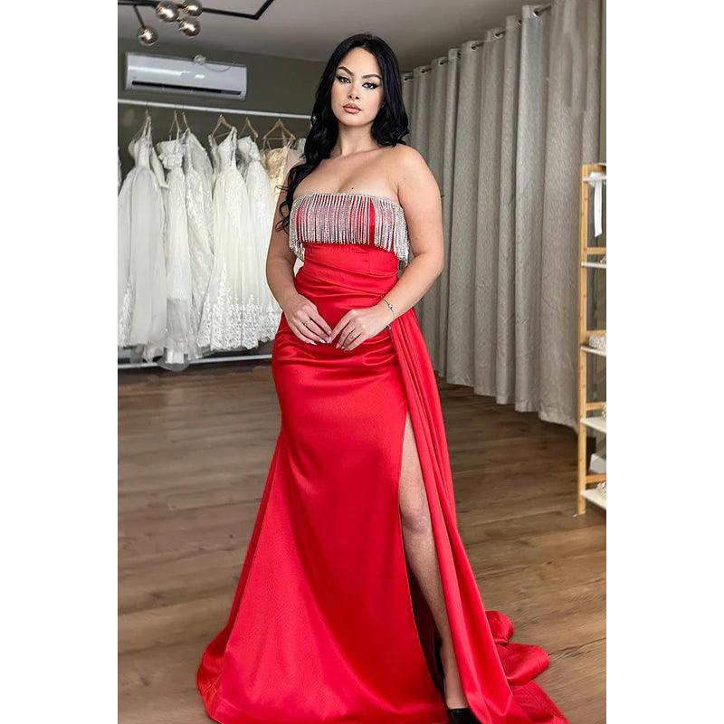 Vestido de fiesta de sirena, sexy y atractivo, sin mangas, con hombros descubiertos y abertura lateral