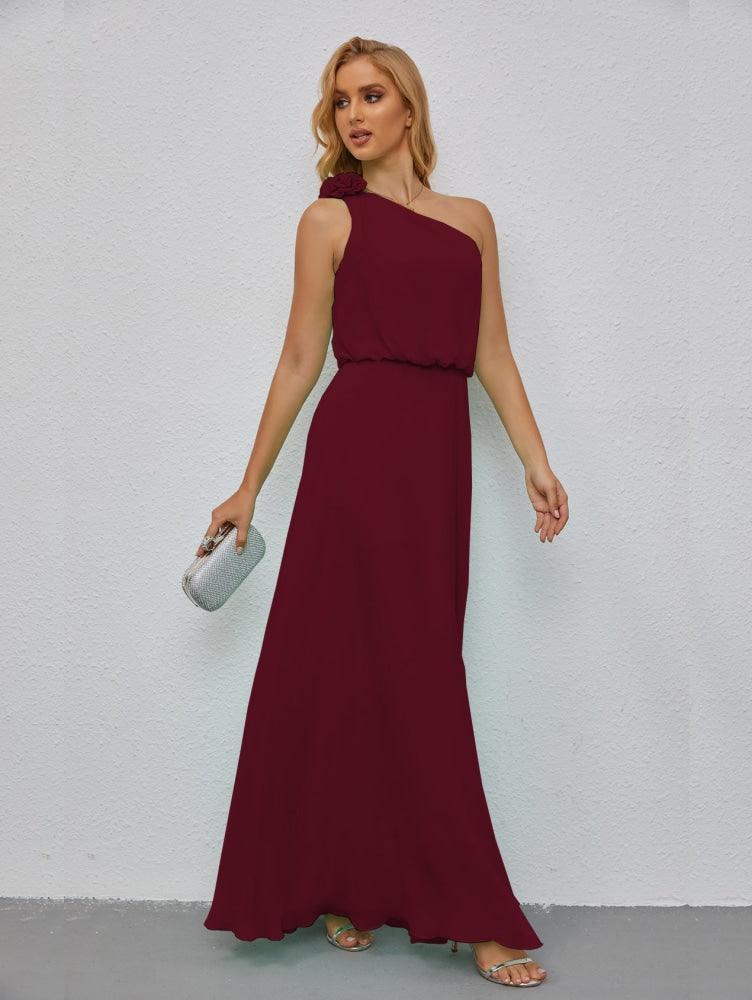 Ruffled One Shoulder Sleeveless Long Bridesmaid Dresses A-line Formal Evening Gown Side Split 28080-numbersea