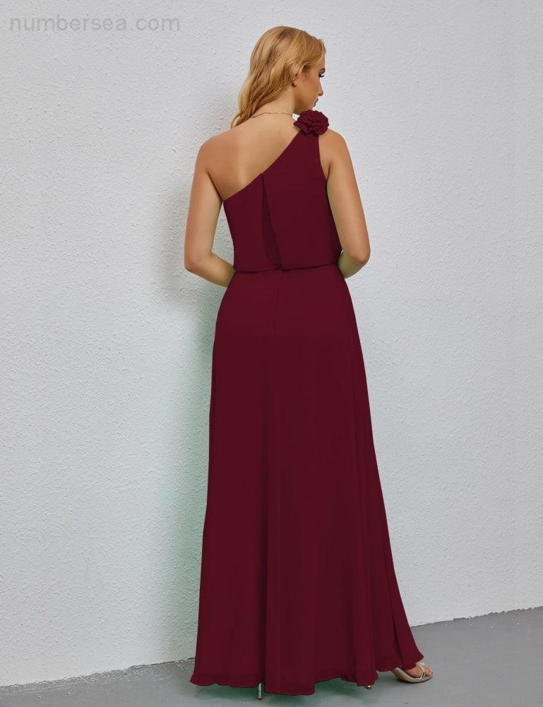 Ruffled One Shoulder Sleeveless Long Bridesmaid Dresses A-line Formal Evening Gown Side Split 28080-numbersea