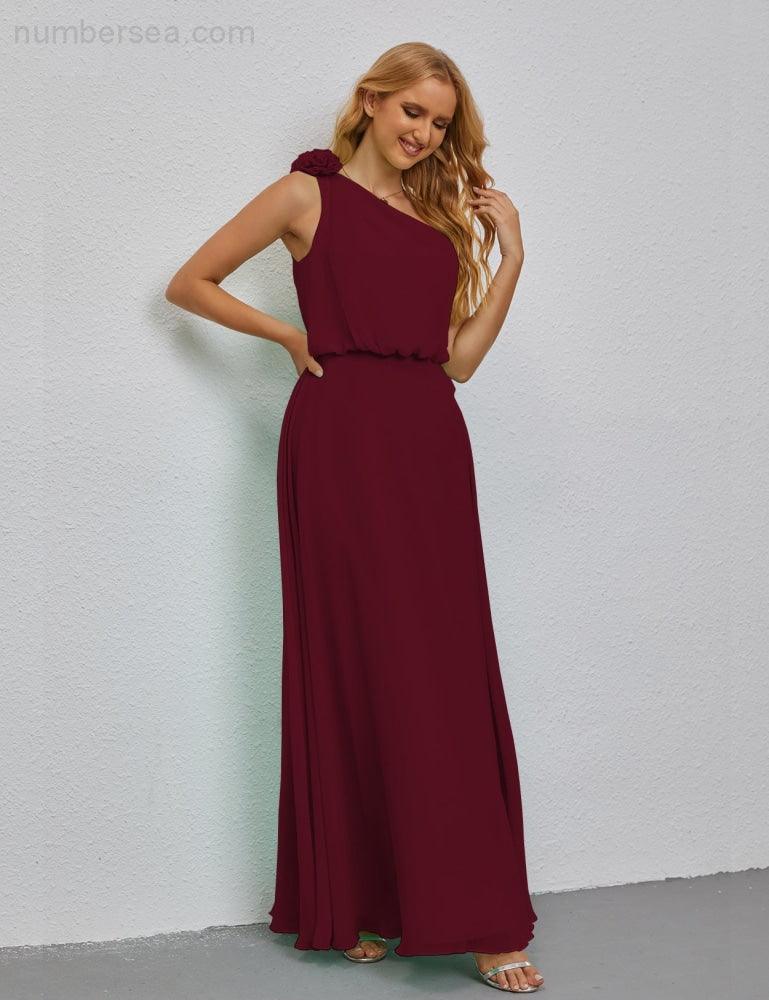 Ruffled One Shoulder Sleeveless Long Bridesmaid Dresses A-line Formal Evening Gown Side Split 28080-numbersea