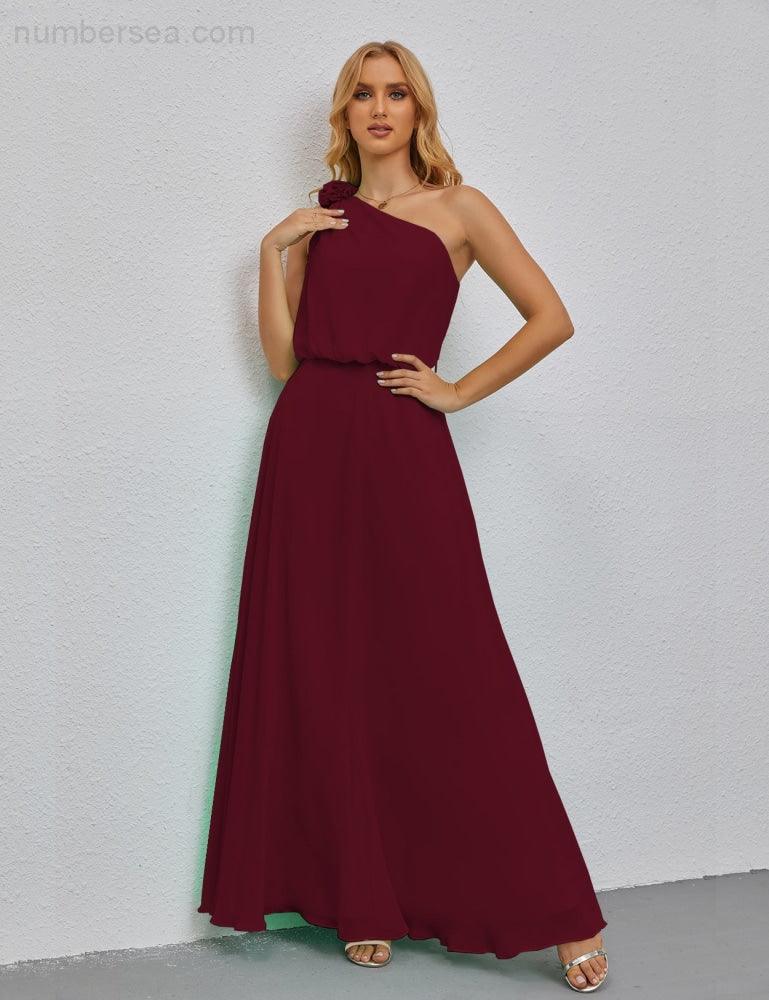 Ruffled One Shoulder Sleeveless Long Bridesmaid Dresses A-line Formal Evening Gown Side Split 28080-numbersea