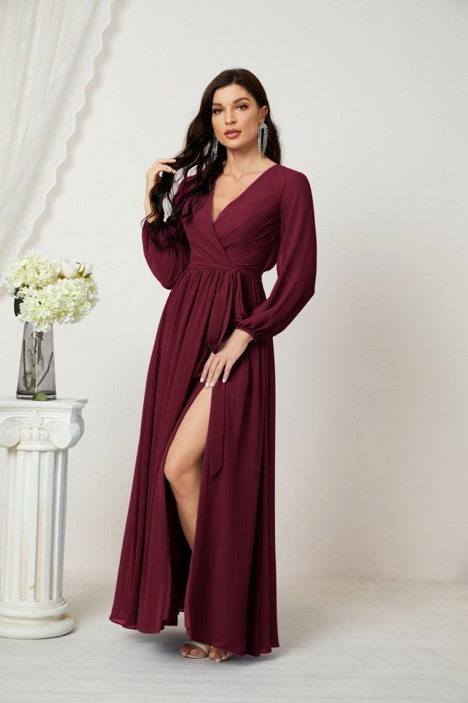 Numbersea Evening Dresses Deep V-Neck Chiffon Bridesmaid Dresses Long Bishop Sleeve Side Split Formal Dress 2806-numbersea
