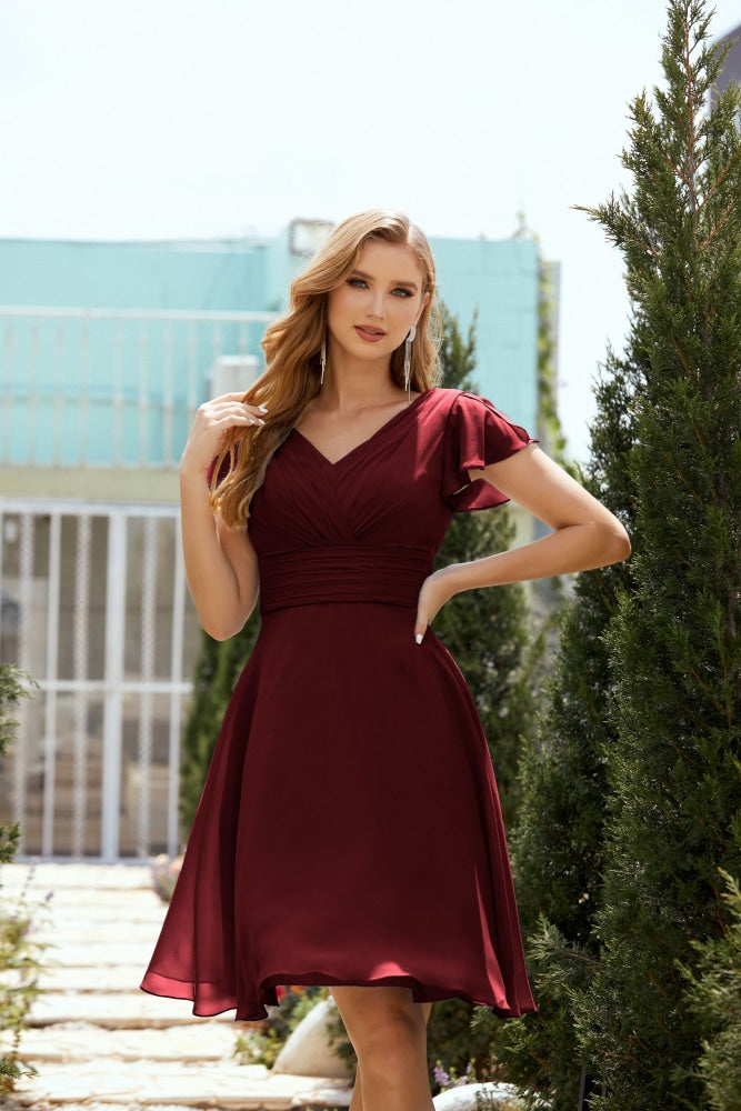 Neck Chiffon Bridesmaid Dresses Formal Cocktail Prom Gown Homecoming 28013 Burgundy