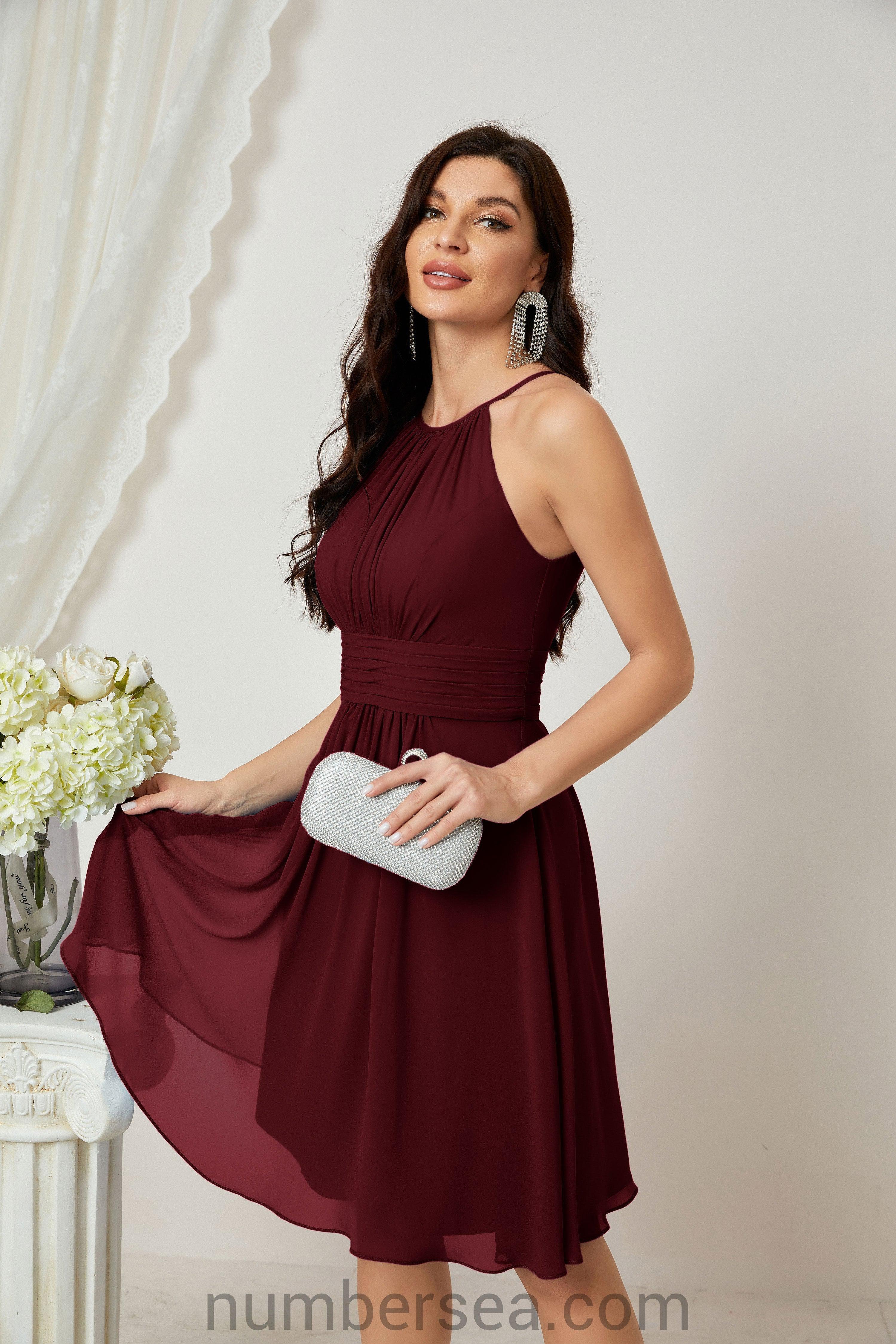 Halter Bridesmaid Dresses Knee Length A Line Formal Evening Party Cocktail Dress 28011 Burgundy