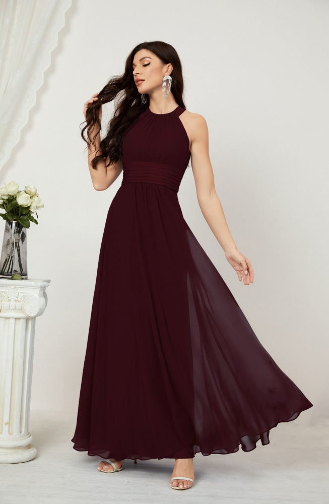 Numbersea Formal Party Gown Dress Chiffon Halter Long Sleeveless Bridesmaid Dresses 2802 Burgundy