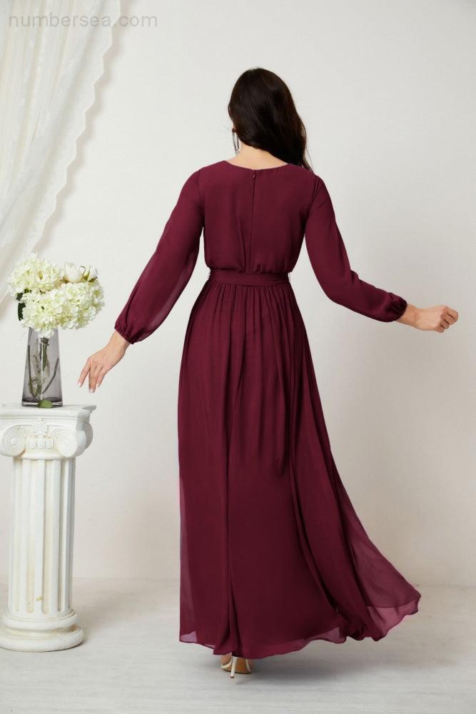 Numbersea Evening Dresses Deep V-Neck Chiffon Bridesmaid Dresses Long Bishop Sleeve Side Split Formal Dress 2806-numbersea