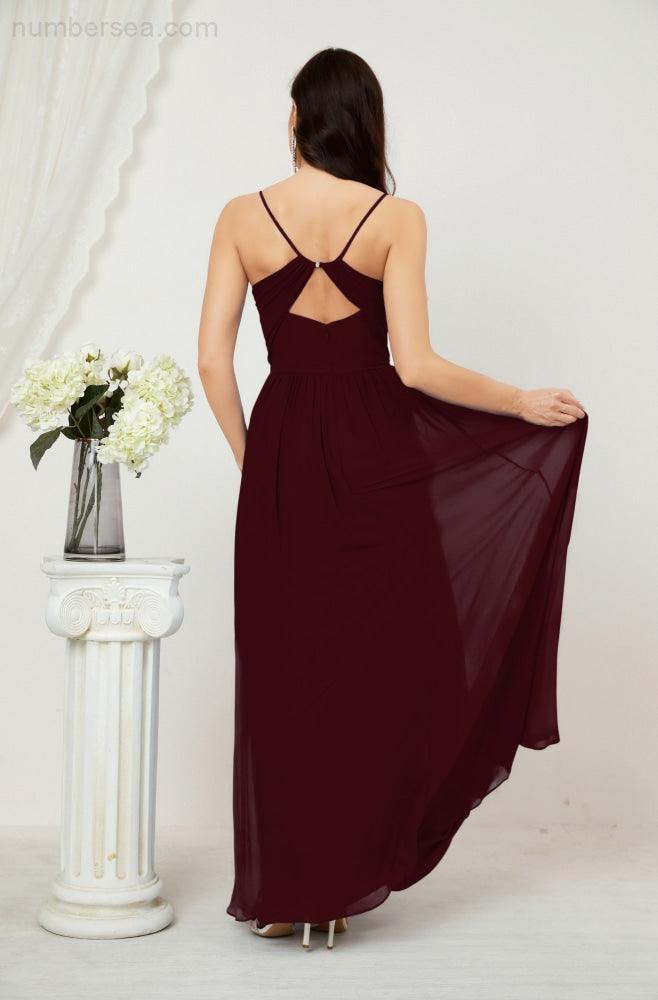 Numbersea Neck Bridesmaid Dresses Chiffon Long Spaghetti A-line Formal Prom Gown for Wedding Party Evening 2801-numbersea