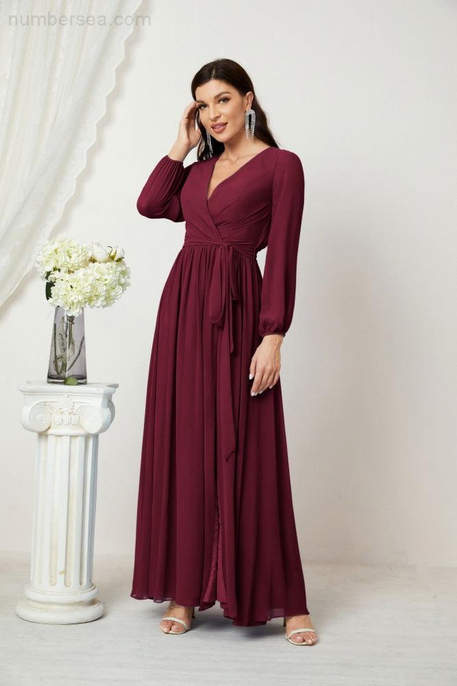 Numbersea Evening Dresses Deep V-Neck Chiffon Bridesmaid Dresses Long Bishop Sleeve Side Split Formal Dress 2806-numbersea