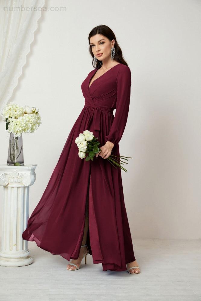 Numbersea Evening Dresses Deep V-Neck Chiffon Bridesmaid Dresses Long Bishop Sleeve Side Split Formal Dress 2806-numbersea