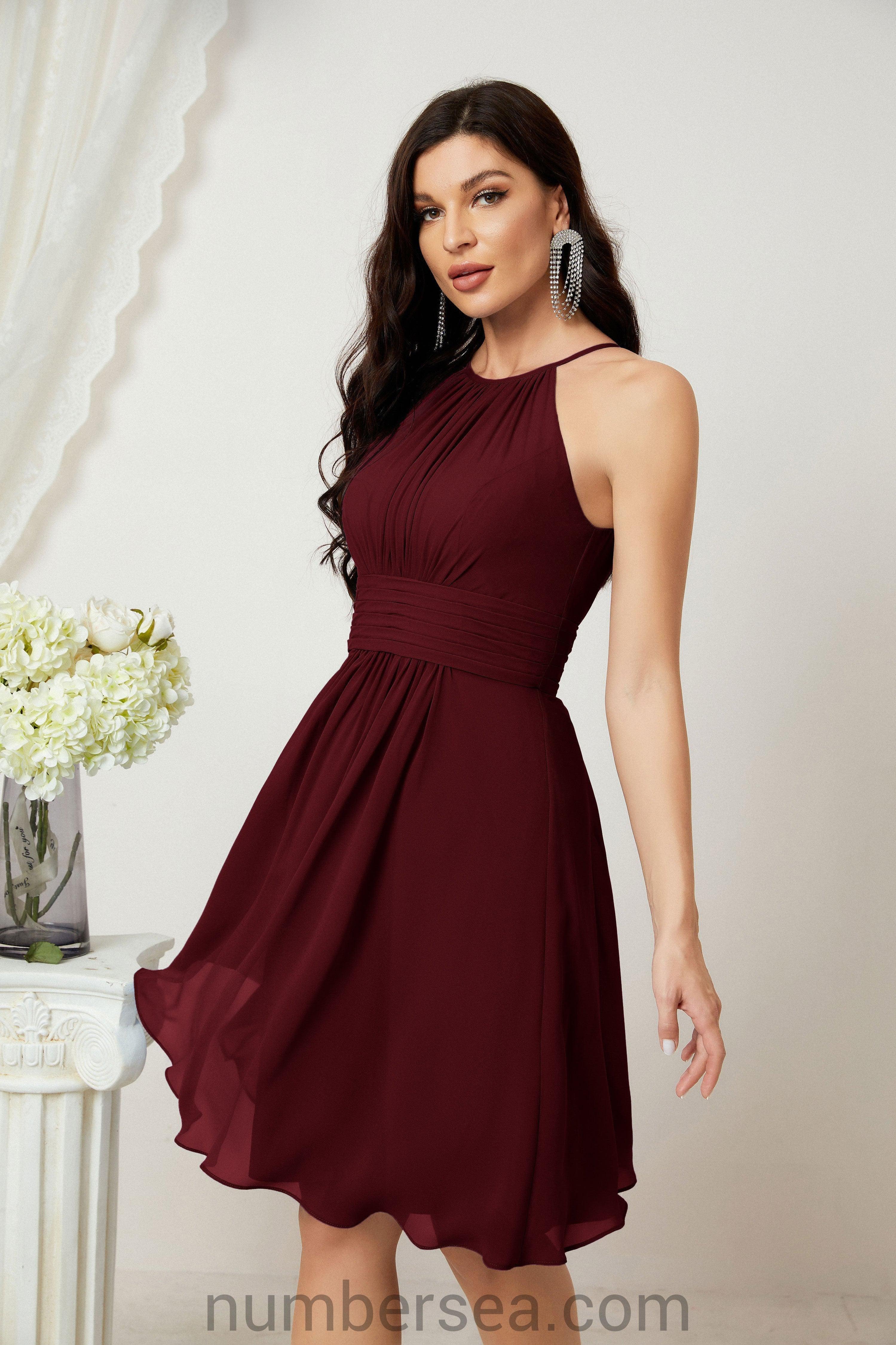 Halter Bridesmaid Dresses Knee Length A Line Formal Evening Party Cocktail Dress 28011