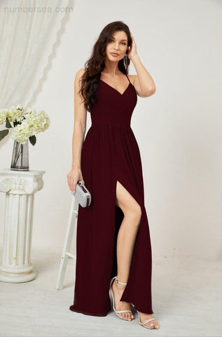 Numbersea Neck Bridesmaid Dresses Chiffon Long Spaghetti A-line Formal Prom Gown for Wedding Party Evening 2801-numbersea