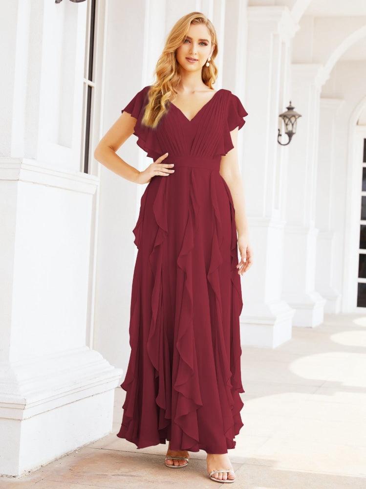 Ruffled Bridesmaid Dresses with Sleeves Long Formal Party Dress 28041-numbersea