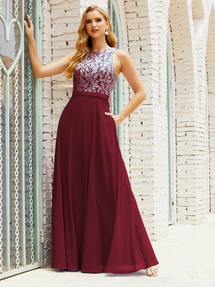 Lace Bridesmaid Dress Floor Length Evening Gowns with Pockets 28017-numbersea
