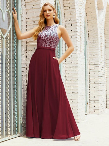 Lace Bridesmaid Dress Floor Length Evening Gowns with Pockets 28017-numbersea
