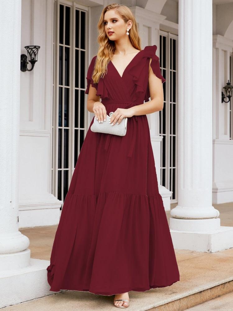 Numbersea Women's Open Back Formal Evening Party Prom Gowns V-Neck Long Chiffon Bridesmaid Dresses with Waist Belt 28038-numbersea