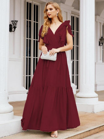 Numbersea Women's Open Back Formal Evening Party Prom Gowns V-Neck Long Chiffon Bridesmaid Dresses with Waist Belt 28038-numbersea