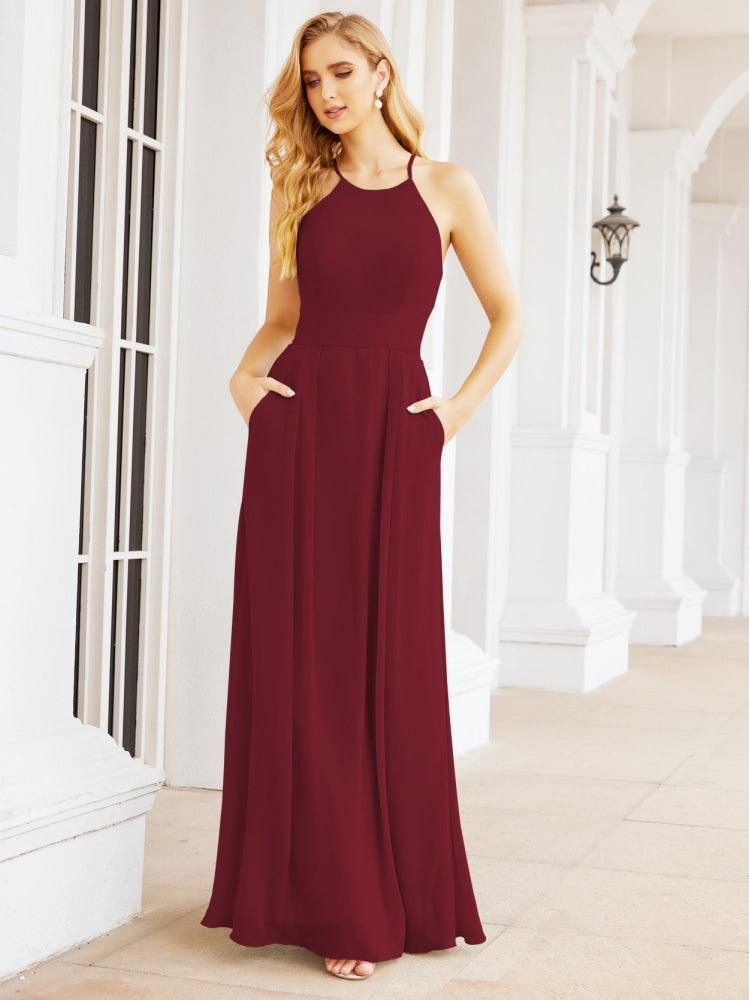 Numbersea Halter Bridesmaid Dresses with Pockets Sleeveless Formal Evening Party Prom Gowns 28055-numbersea